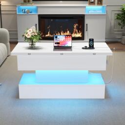 Multifunctional Coffee Table with Integral Power Outlet, Modern Center Table with App-Controlled LED Light, 100L x 50W x 51.5H cm, White - Aosom UK - thumbnail 9