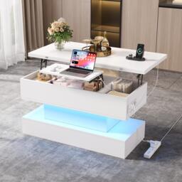 Multifunctional Coffee Table with Integral Power Outlet, Modern Center Table with App-Controlled LED Light, 100L x 50W x 51.5H cm, White - Aosom UK - thumbnail 1