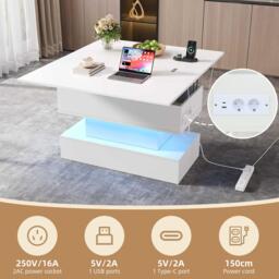 Multifunctional Coffee Table with Integral Power Outlet, Modern Center Table with App-Controlled LED Light, 100L x 50W x 51.5H cm, White - Aosom UK - thumbnail 4