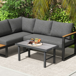Outsunny Metal Garden Coffee Table, Outdoor Side Table with SPC Woodgrain Tabletop for Outside, Garden, Balcony, Porch, 100 x 53 x 46cm, Grey Wood Effect - thumbnail 9