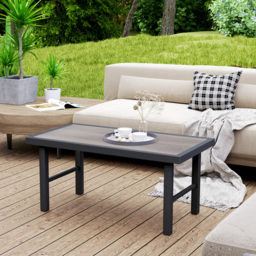 Outsunny Metal Garden Coffee Table, Outdoor Side Table with SPC Woodgrain Tabletop for Outside, Garden, Balcony, Porch, 100 x 53 x 46cm, Grey Wood Effect - thumbnail 2