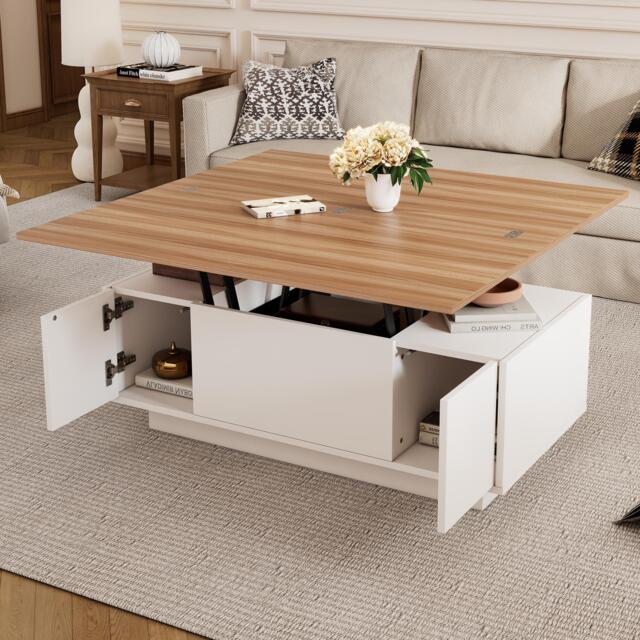 Lift-up Coffee Table with Hidden Storage and Dual Liftable Tops, Space-saving Centre Table for Dining, 100L x 50W x 55.5H cm, White+Natural - Aosom UK - image 1