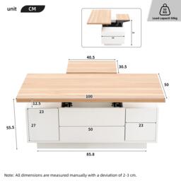 Lift-up Coffee Table with Hidden Storage and Dual Liftable Tops, Space-saving Centre Table for Dining, 100L x 50W x 55.5H cm, White+Natural - Aosom UK - thumbnail 3