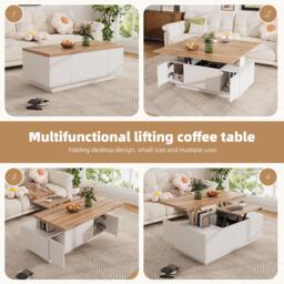 Lift-up Coffee Table with Hidden Storage and Dual Liftable Tops, Space-saving Centre Table for Dining, 100L x 50W x 55.5H cm, White+Natural - Aosom UK - thumbnail 4