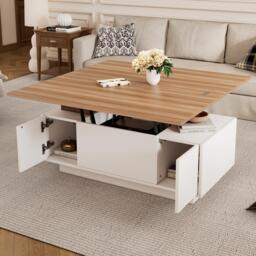 Lift-up Coffee Table with Hidden Storage and Dual Liftable Tops, Space-saving Centre Table for Dining, 100L x 50W x 55.5H cm, White+Natural - Aosom UK
