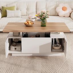 Lift-up Coffee Table with Hidden Storage and Dual Liftable Tops, Space-saving Centre Table for Dining, 100L x 50W x 55.5H cm, White+Natural - Aosom UK - thumbnail 9