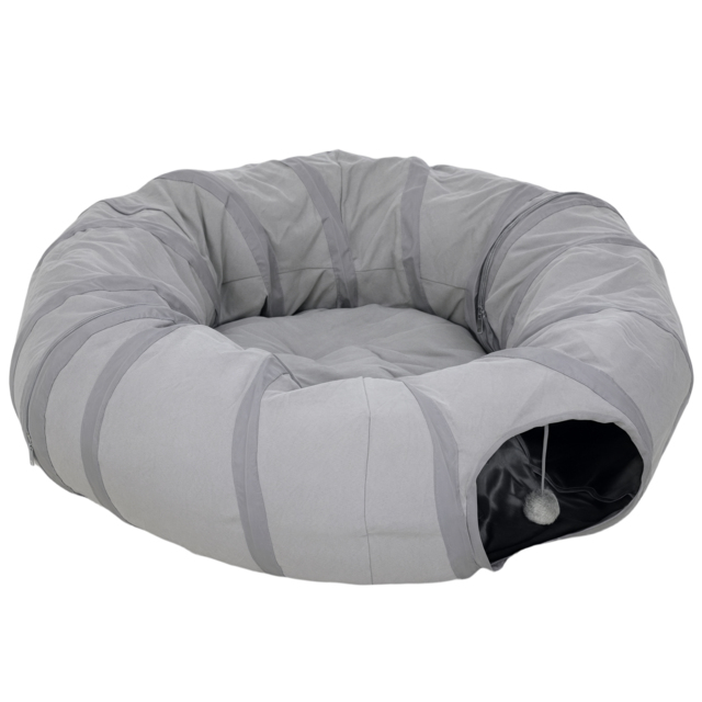 PawHut 2 in 1 Cat Tunnel with Bed, Cat Play Tunnel with Ball & Peek Hole for Indoor Cats, Grey - image 1
