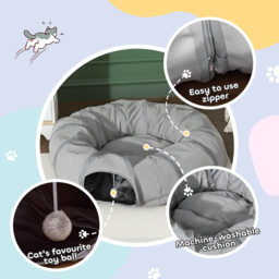 PawHut 2 in 1 Cat Tunnel with Bed, Cat Play Tunnel with Ball & Peek Hole for Indoor Cats, Grey - thumbnail 7