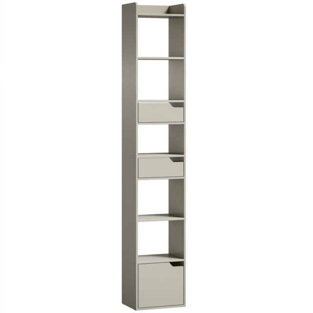 HOMCOM Bookcase Tall Narrow with 5 Tiers and Drawers Freestanding Bookshelf Storage Cabinet for Living Room Grey - image 1