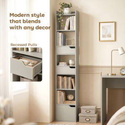 HOMCOM Bookcase Tall Narrow with 5 Tiers and Drawers Freestanding Bookshelf Storage Cabinet for Living Room Grey - thumbnail 6