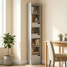 HOMCOM Bookcase Tall Narrow with 5 Tiers and Drawers Freestanding Bookshelf Storage Cabinet for Living Room Grey - thumbnail 2