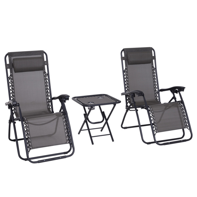 Outsunny 3pcs Folding Zero Gravity Chairs Sun Lounger Table Set w/ Cup Holders Reclining Garden Yard Pool, Dark Grey - Aosom UK - image 1