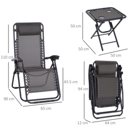 Outsunny 3pcs Folding Zero Gravity Chairs Sun Lounger Table Set w/ Cup Holders Reclining Garden Yard Pool, Dark Grey - Aosom UK - thumbnail 3
