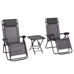 Outsunny 3pcs Folding Zero Gravity Chairs Sun Lounger Table Set w/ Cup Holders Reclining Garden Yard Pool, Dark Grey - Aosom UK - thumbnail 1
