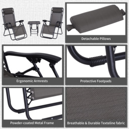 Outsunny 3pcs Folding Zero Gravity Chairs Sun Lounger Table Set w/ Cup Holders Reclining Garden Yard Pool, Dark Grey - Aosom UK - thumbnail 7