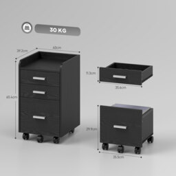 HOMCOM 3 Drawer Filing Cabinet, Rolling File Cabinet with Edged Top for Letter, A4 Size, Hanging File Folders, Black - thumbnail 3