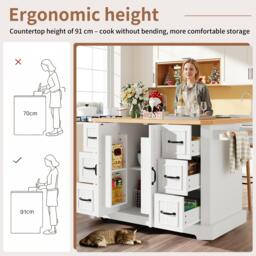 Mobile Kitchen Island with 2 Doors, 6 Drawers and Wood-Effect Worktop, Rolling Cart for Compact Dining Areas, 120L x 45W x 91H cm, White - Aosom UK - thumbnail 6