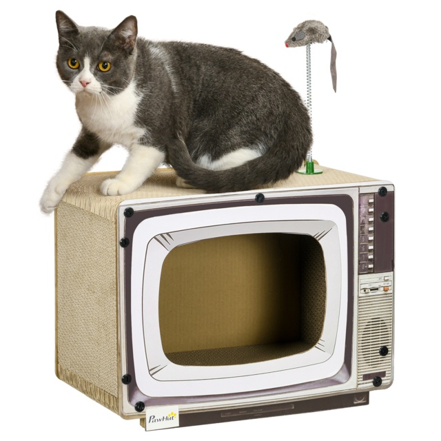 PawHut TV-Shaped Scratching Board with Scratcher, Catnip, Toy Rat, Cat Scratcher for Indoor Cats, 43 x 23 x 32.5cm - Aosom UK - image 1