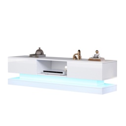 TV Table with 16-color LED Lights & 4 Dynamic Modes, Media Unit in White with High Gloss Front Panel & 2 Drawers, Up to 79ft TV Size - Aosom UK - thumbnail 2