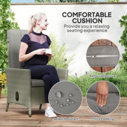 Outsunny Rattan Garden Recliner Chair, Wicker Reclining Armchair with Adjustable Backrest and Cushion, Outdoor Lounge Sun Lounger with Armrests for Patio Balcony Porch, Grey - thumbnail 6