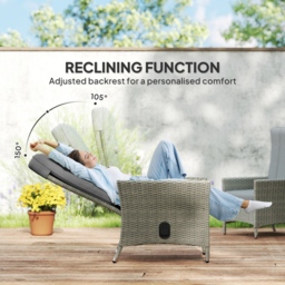 Outsunny Rattan Garden Recliner Chair, Wicker Reclining Armchair with Adjustable Backrest and Cushion, Outdoor Lounge Sun Lounger with Armrests for Patio Balcony Porch, Grey - thumbnail 4