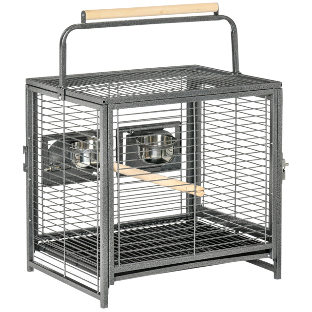 PawHut Metal Bird Cage, Portable Parrot Carrier for Green Cheek, Canary, Parakeet, Cockatiel, with Wooden Perch, Black - Aosom UK - image 1