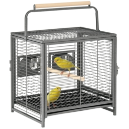 PawHut Metal Bird Cage, Portable Parrot Carrier for Green Cheek, Canary, Parakeet, Cockatiel, with Wooden Perch, Black - Aosom UK