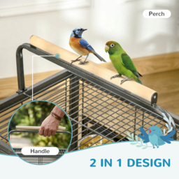PawHut Metal Bird Cage, Portable Parrot Carrier for Green Cheek, Canary, Parakeet, Cockatiel, with Wooden Perch, Black - Aosom UK - thumbnail 9