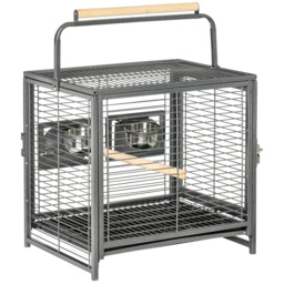 PawHut Metal Bird Cage, Portable Parrot Carrier for Green Cheek, Canary, Parakeet, Cockatiel, with Wooden Perch, Black - Aosom UK - thumbnail 1