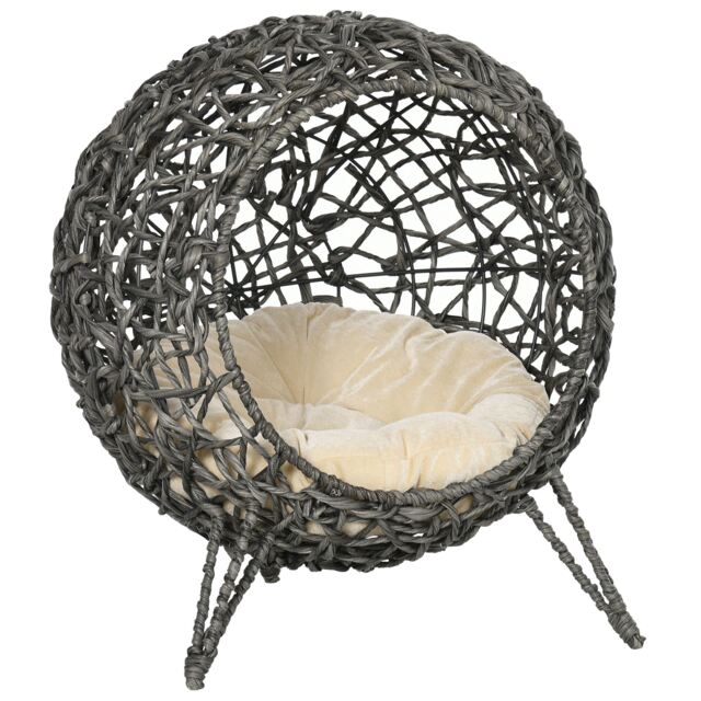 PawHut Rattan Elevated Cat Bed: Cosy Ball-Shaped Kitten Abode with Removable Cushion, Silver-Tone and Grey - Aosom UK - image 1