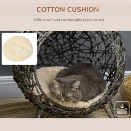 PawHut Rattan Elevated Cat Bed: Cosy Ball-Shaped Kitten Abode with Removable Cushion, Silver-Tone and Grey - Aosom UK - thumbnail 5