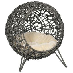 PawHut Rattan Elevated Cat Bed: Cosy Ball-Shaped Kitten Abode with Removable Cushion, Silver-Tone and Grey - Aosom UK - thumbnail 1