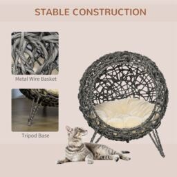 PawHut Rattan Elevated Cat Bed: Cosy Ball-Shaped Kitten Abode with Removable Cushion, Silver-Tone and Grey - Aosom UK - thumbnail 4