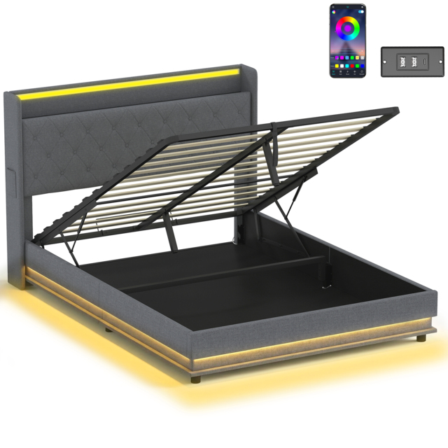 HOMCOM 5ft King Bed Frame with Headboard, Platform Bed Frame with Hydraulic Storage, LED Lights and Charging Station, Grey - image 1