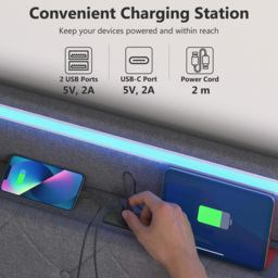 HOMCOM 5ft King Bed Frame with Headboard, Platform Bed Frame with Hydraulic Storage, LED Lights and Charging Station, Grey - thumbnail 6