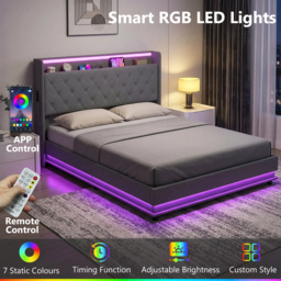 HOMCOM 5ft King Bed Frame with Headboard, Platform Bed Frame with Hydraulic Storage, LED Lights and Charging Station, Grey - thumbnail 5
