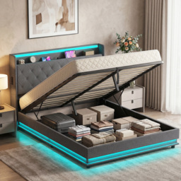 HOMCOM 5ft King Bed Frame with Headboard, Platform Bed Frame with Hydraulic Storage, LED Lights and Charging Station, Grey - thumbnail 2