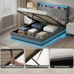 HOMCOM 5ft King Bed Frame with Headboard, Platform Bed Frame with Hydraulic Storage, LED Lights and Charging Station, Grey - thumbnail 8