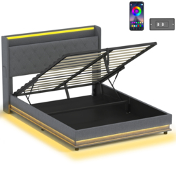 HOMCOM 5ft King Bed Frame with Headboard, Platform Bed Frame with Hydraulic Storage, LED Lights and Charging Station, Grey - thumbnail 1