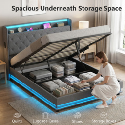HOMCOM 5ft King Bed Frame with Headboard, Platform Bed Frame with Hydraulic Storage, LED Lights and Charging Station, Grey - thumbnail 4