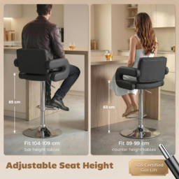 HOMCOM Bar Stools Adjustable Swivel Kitchen Chairs with Backrest Armrest Set of 2 PU Leather Black - thumbnail 6