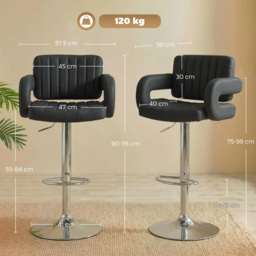 HOMCOM Bar Stools Adjustable Swivel Kitchen Chairs with Backrest Armrest Set of 2 PU Leather Black - thumbnail 3