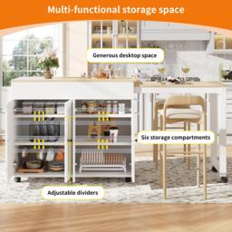 Modern Bar Table with 6 Adjustable Shelves and Storage Cabinet, Extendable Dining Table for 4–6 People, 118-180L x 50W x 94H cm, White - Aosom UK - thumbnail 4