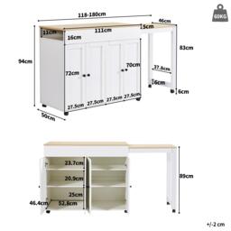 Modern Bar Table with 6 Adjustable Shelves and Storage Cabinet, Extendable Dining Table for 4–6 People, 118-180L x 50W x 94H cm, White - Aosom UK - thumbnail 3