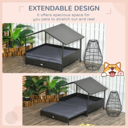 PawHut Extendable Elevated Dog Bed, Rattan Dog House w/ Water-Resistant Roof, Removable Cushion, for Small, Medium Dogs - Grey - thumbnail 4