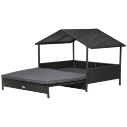 PawHut Extendable Elevated Dog Bed, Rattan Dog House w/ Water-Resistant Roof, Removable Cushion, for Small, Medium Dogs - Grey - thumbnail 1