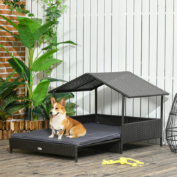 PawHut Extendable Elevated Dog Bed, Rattan Dog House w/ Water-Resistant Roof, Removable Cushion, for Small, Medium Dogs - Grey - thumbnail 2