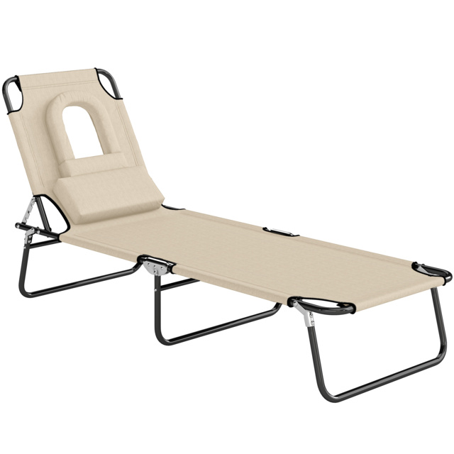 Outsunny Folding Sun Lounger with Pillow & Reading Hole, Adjustable Reclining Chair for Garden Beach, Beige - image 1