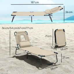 Outsunny Folding Sun Lounger with Pillow & Reading Hole, Adjustable Reclining Chair for Garden Beach, Beige - thumbnail 3