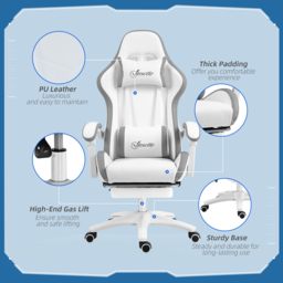 Vinsetto Racing Gaming Chair, Reclining PU Leather Computer Chair w/ 360 Degree Swivel Seat, Footrest, Headrest & Lumber, White  - Aosom UK - thumbnail 7